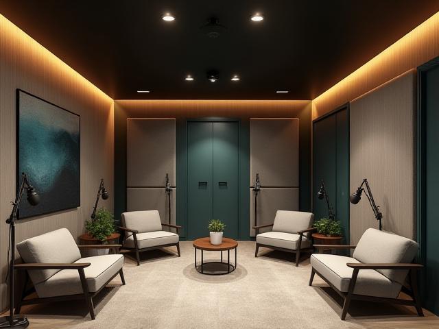 Illustration eines maßgeschneiderten Podcast-Studios mit moderner Akustik und Technik